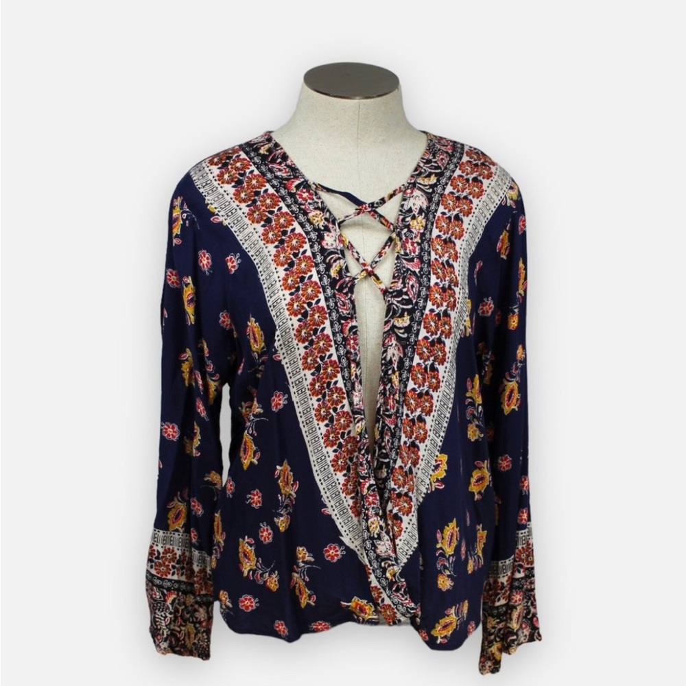 Blue Rain Navy Floral Blouse with Yellow and‎ Red Accents